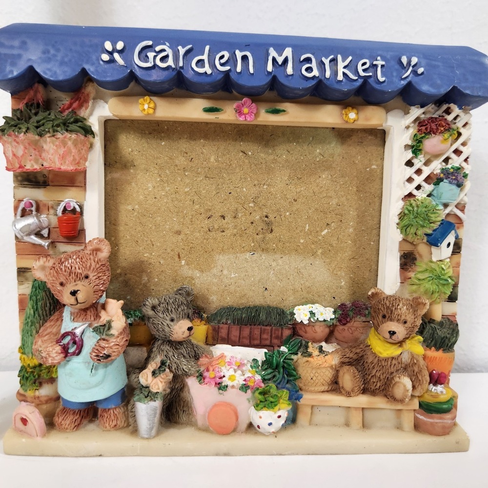 Vintage Garden Market Teddy Bears Resin Picture Frame Floral Cottagecore Flowers